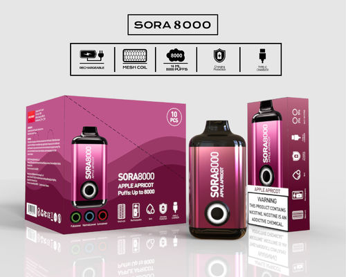 Sora 8000 Puffs Ξαναχρησιμοποιήσιμο Ecig 650mah τύπου C επαναφορτιζόμενο 14 ml Προγεμισμένο χυμό