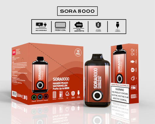 Σόρα 8000 Puffs Ξαναχρησιμοποιήσιμο στυλό με πλέγμα 1.1ohm 14ml προγεμισμένο χυμό